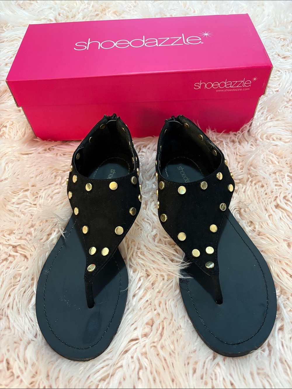 Shoe Dazzle Black Thong Sandals with Gold Studs